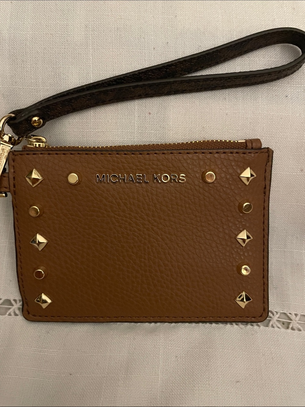 Michael Kors Tan Leather Wristlet Card Pouch with Gold Studs NWOT